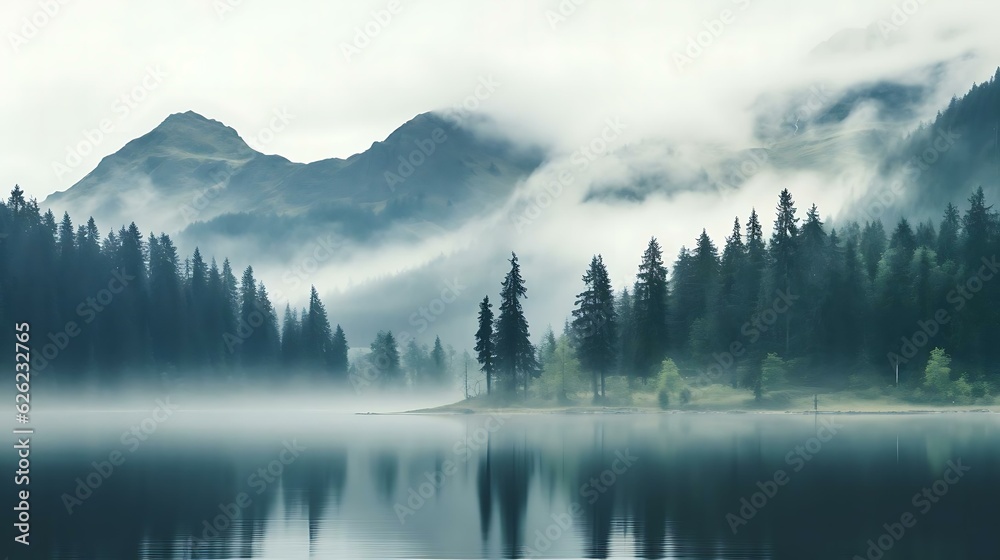 Fototapeta premium a lake with trees and mountains in the background