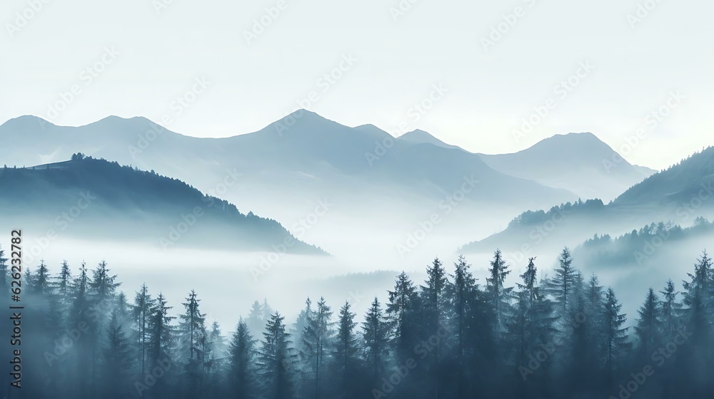 a forest of trees in the fog