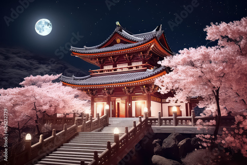 Night view of Toji Temple pagoda and giant sakura tree blossom i © terra.incognita