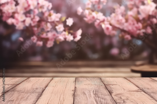 Empty wooden table with sakura and bokeh outdoors, mockup templa