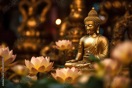 A statue of Buddha and a water lotus stands near flowers on a bo