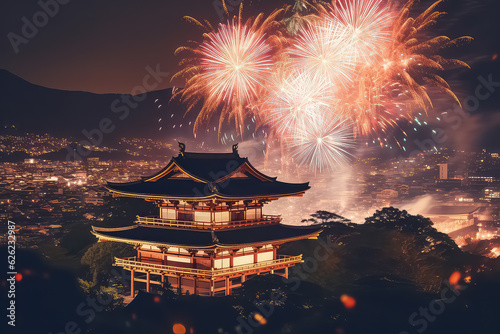 Fireworks celebration over Asakusa Shrine at night in Tokyo, Jap