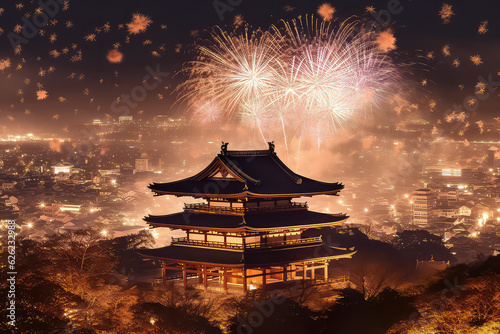 Fireworks celebration over Asakusa Shrine at night in Tokyo, Jap
