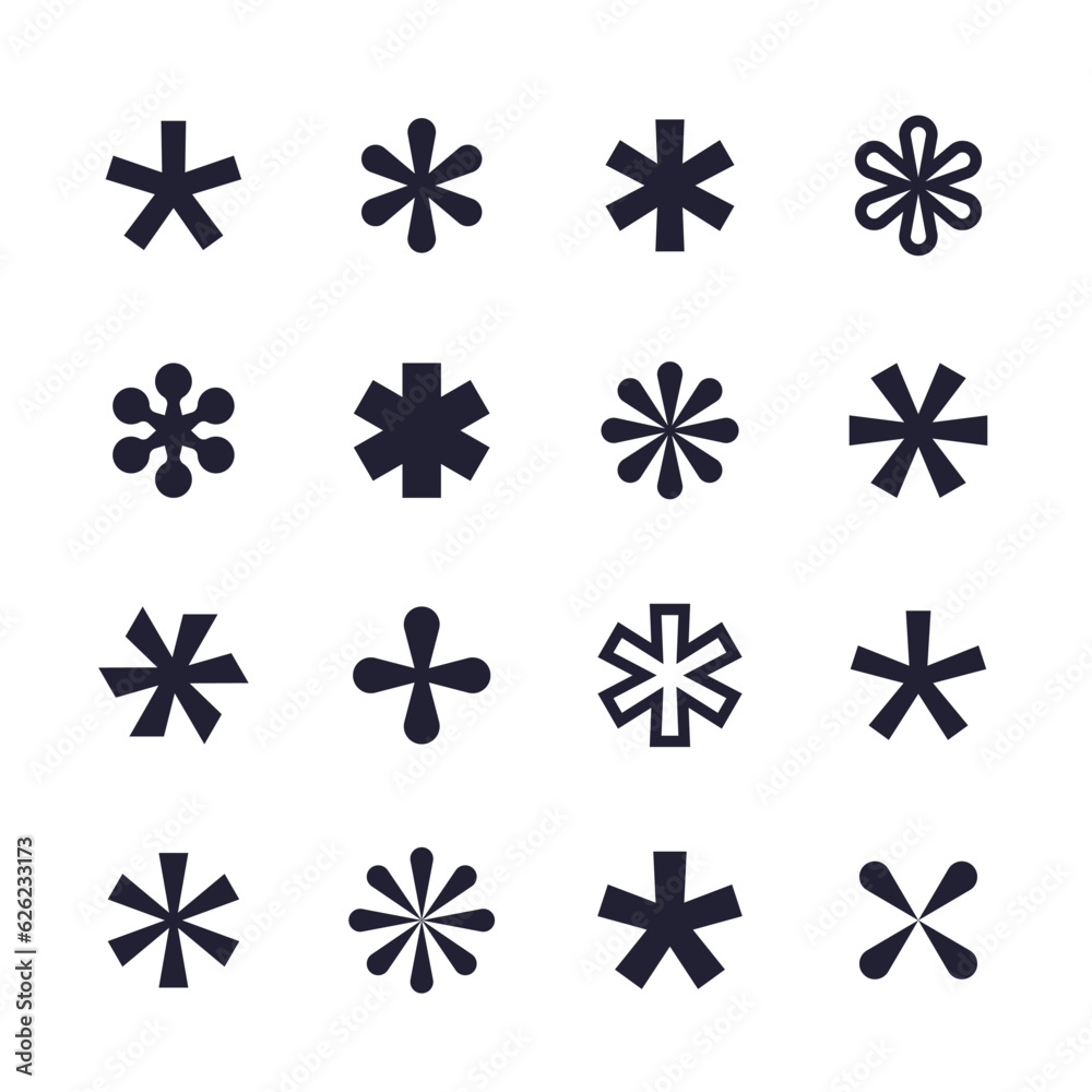 asterisks icons set, vector geometric shapes on white