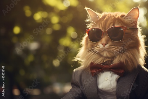 Coll cat with stylish sunglasses, business suite.