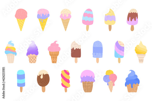 Ice cream collection flat element isolated on white. Set vector illustration for design.
