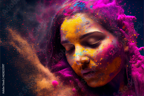 illustration of woman celebrating Holi with powder colours or gulal .