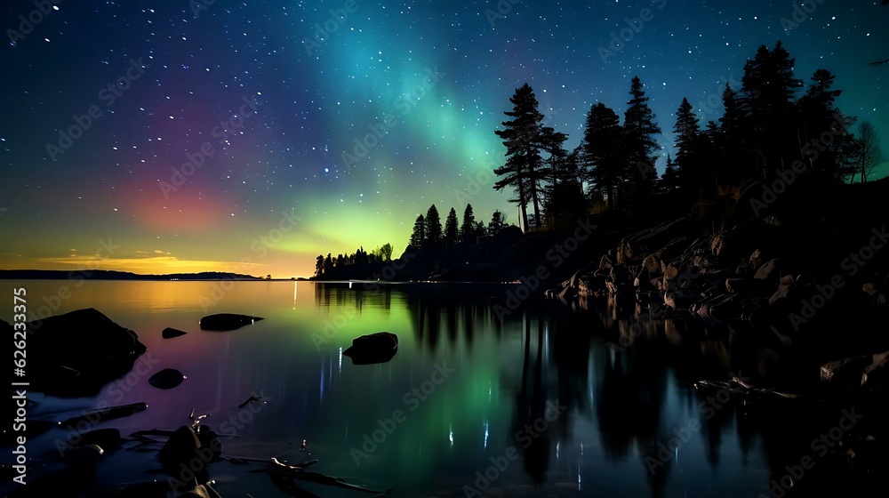a body of water with trees and a colorful sky above a body of water with trees and a colorful sky above