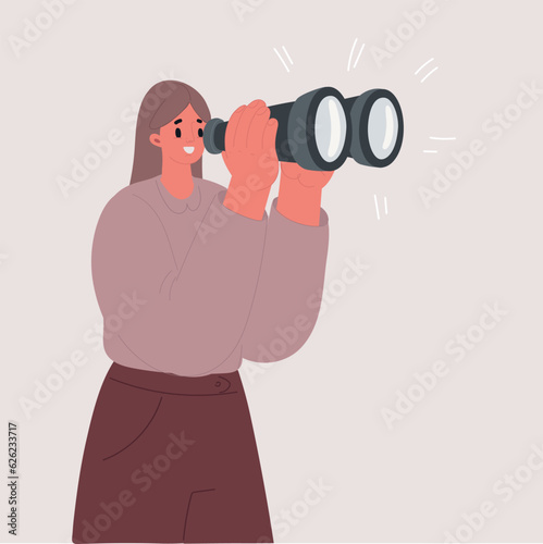 Vector illustration of Happy pretty woman looking through pretend binoculars. Cheerful beautiful young brunette lady in white T shirt forming circles with her hands, doing binoculars gesture, looking 
