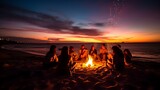 a group of people sitting around a fire on a beach at sunset