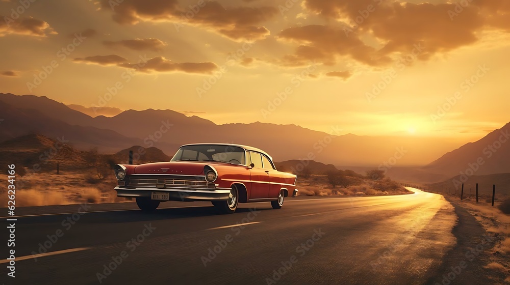 a car on a road with mountains in the background