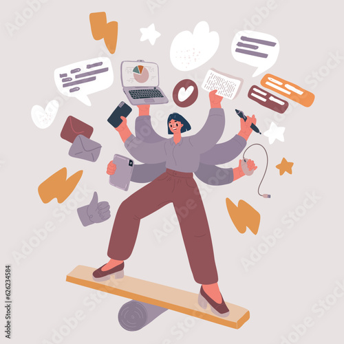 Vector illustration of Young girl busy shiva office manager with many hands keeps supplies.