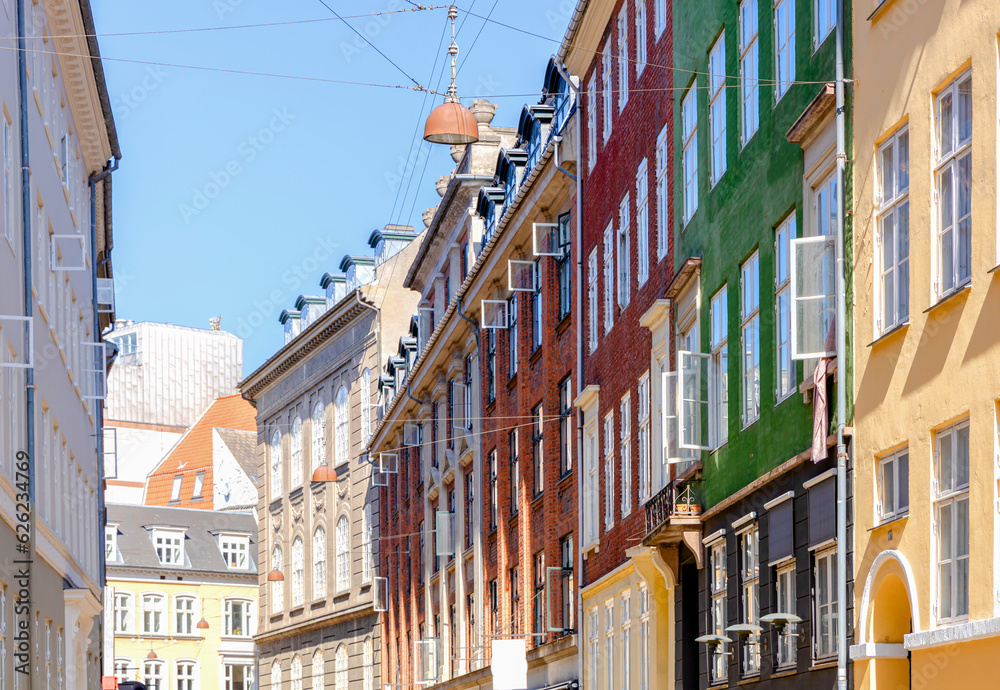 Traditional old houses on the street in Copenhagen.