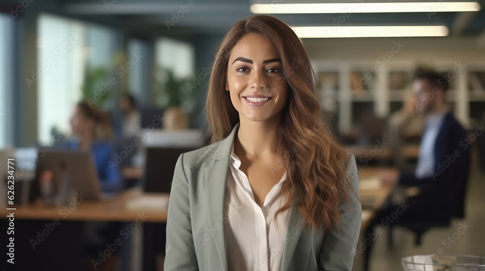 Businesswoman standing competent and smiling standing in office