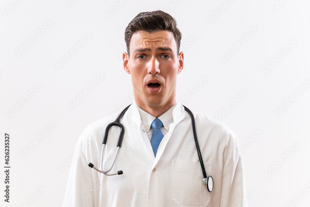 Portrait of young doctor in panic. Portrait of young doctor in panic.