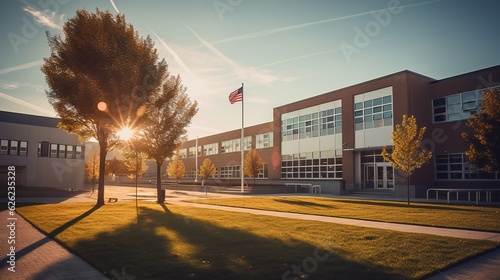 Exterior view of a typical American school. Generative AI photo