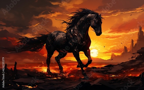 A Magnificent Black Horse Stallion Gracefully Roaming in the Sunset. Generative AI © zainab