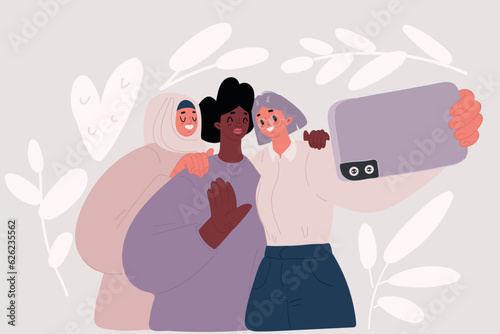 Vector illustration of Big group of friends taking selfie picture smiling at camera Laughing women having fun. Portrait photography of girls enjoying together. Afro, muslim, white girls.