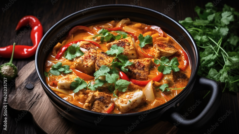 Moqueca baiana - brazilian fish stew of white fish with sweet pepper, lime, chopped tomatoes, coconut milk, served in a black dish with fresh coriander on a dark wooden table, top view, copy space Moqueca baiana - brazilian fish stew of white fish with sweet pepper, lime, chopped tomatoes, coconut milk, served in a black dish with fresh coriander on a dark wooden table, top view, copy space