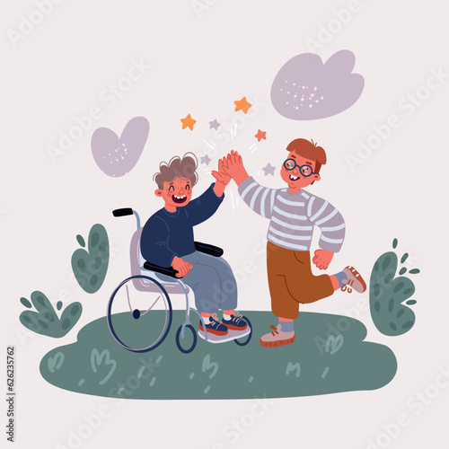 Vector illustration of Little boy in wheelchair giving each other high-five to his friend. Little kids. Friendship concept.