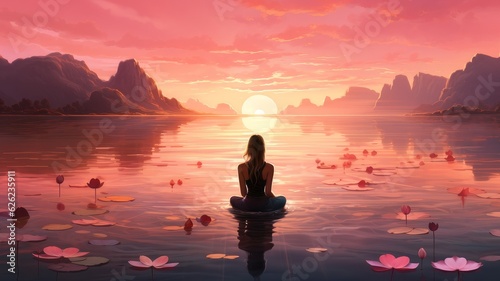 woman meditating by the lake