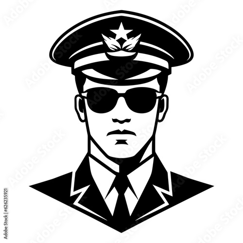 Leinwand Poster Pilot in uniform with hat, suit, tie and glasses portrait logo black silhouette