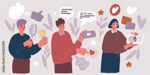 Vector illustration of online assistant at work. Searching for new ideas solutions, working together in the company, brainstorming. Women, man holding magnifying glass, play and like icon