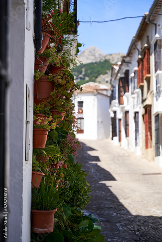 Fototapeta Naklejka Na Ścianę i Meble -  Typical spanish street with houses in spain, small town, white and brown walls
