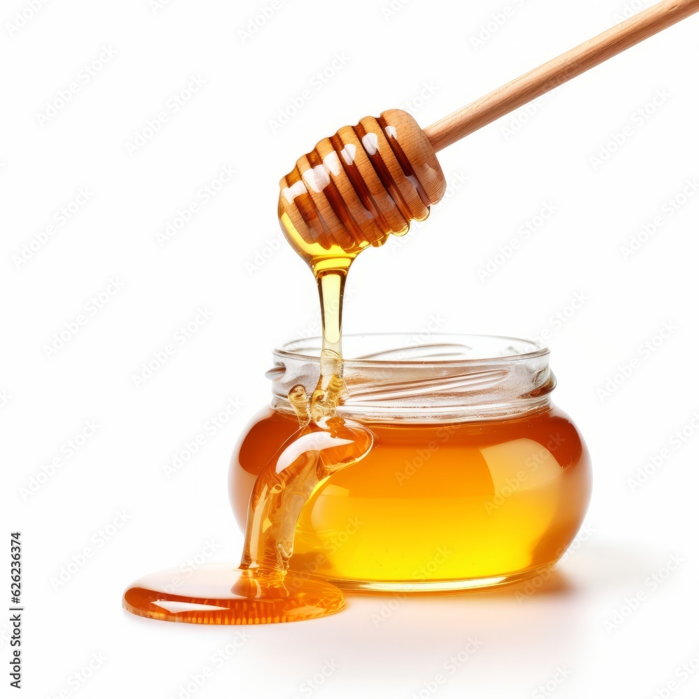 Honey in jar and and wooden stick isolated on white background Honey in jar and and wooden stick isolated on white background