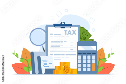 concept of State Government Tax Forms with Accounting and Payment Forms, Calendar, Audit, Calculator or Analysis, financial document, flat vector illustration on a white background.