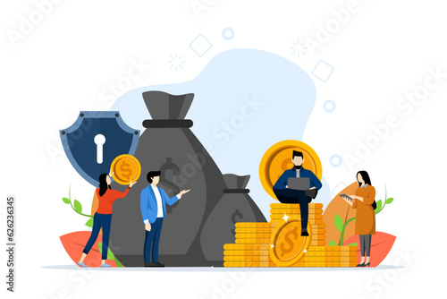 money protection concept, financial savings insurance, safe business economy, save money, money with protection shield. flat vector illustration on a white background.