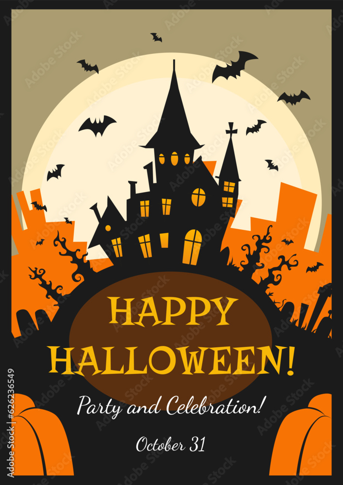 Halloween party poster, vector celebration banner, greeting, invitation with Halloween holiday with creepy house silhouette, graves, pumpkins, moon and bats around.
