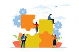 teamwork together in company, people putting together puzzles, solving problems in business, business leaders set construction process vector, Vector illustration, flat on white background.