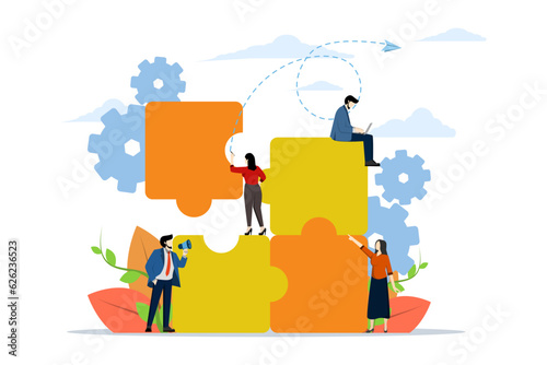 teamwork together in company, people putting together puzzles, solving problems in business, business leaders set construction process vector, Vector illustration, flat on white background.
