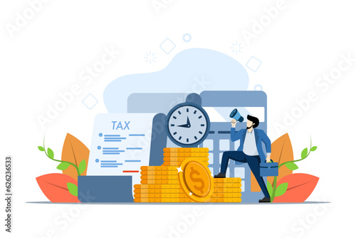 Concept of tax returns, optimization, duties, financial accounting. Successful businessman paying taxes on time. tax time. Vector illustration in flat design for UI, banner, mobile app.