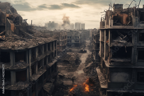 destroyed and bombed city which was left devastated during war, post apocalyptic cityscape made with generative AI