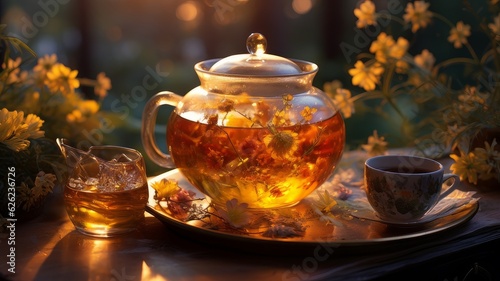 teapot with flower tea.