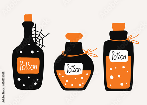 Halloween poison bottle illustration set. Holiday design elements