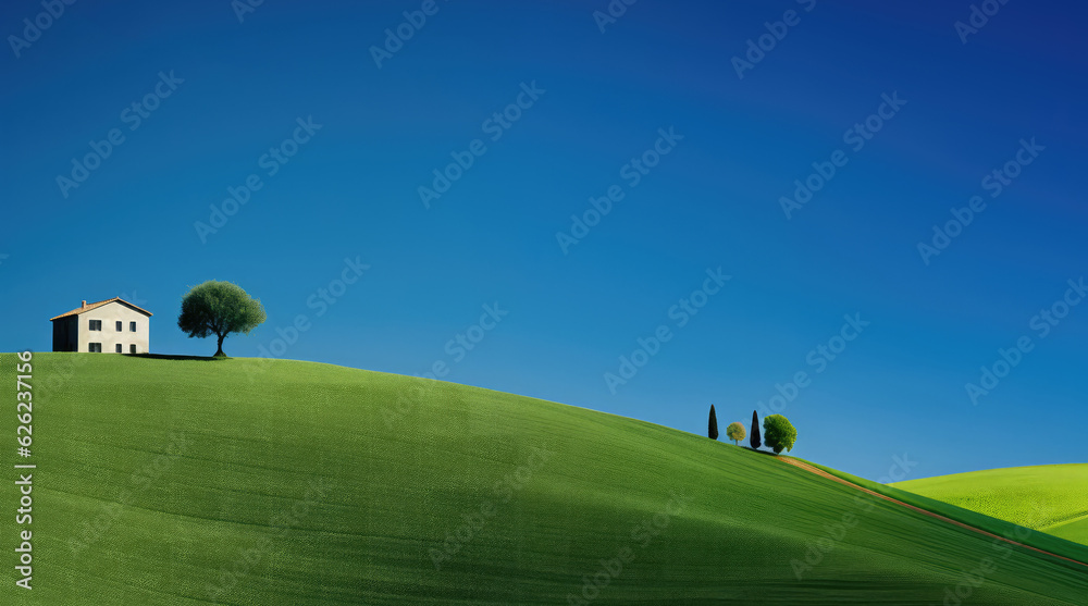 Naklejka premium Tuscany landscape with green fields, olive grove and house created with generative AI technology.