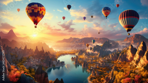 Hot air balloons flying over beautiful landscape and river. created with generative AI technology.