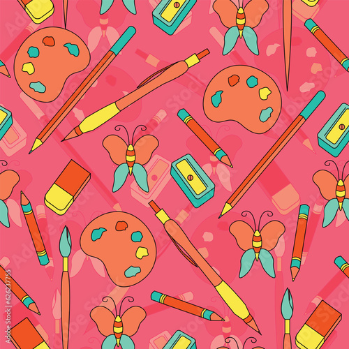 Seamless Colored Back To School Pattern With Pencil, Pens, Butterfly, Eraser, Supplies, Stationary And Creative Elements.
