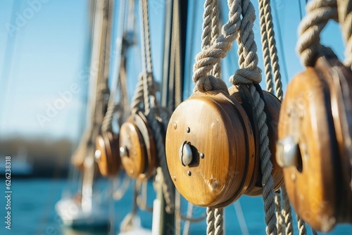 Wooden pulley on a sailing yacht close-up. Yachting equipment