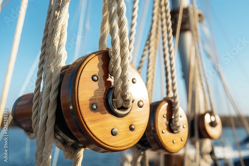 Close-up of wooden masts and ropes on a vintage sailing ship