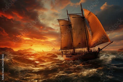Sailing boat in the sea at sunset. 3d illustration. © lebanmax