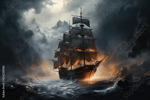 Vessel ship in the rough sea. Fantasy landscape. 3D rendering