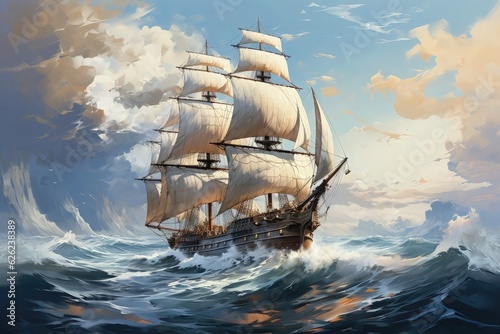 Sailing ship in the sea, 3d illustration, digital painting