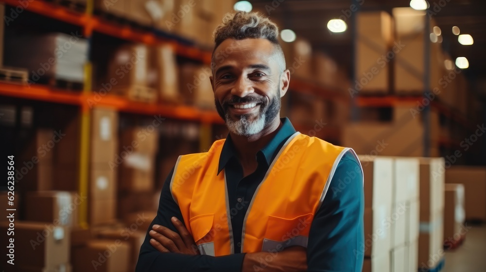 Black man employee working at warehouse storage, male worker checks the equipment part on the storage shelf.