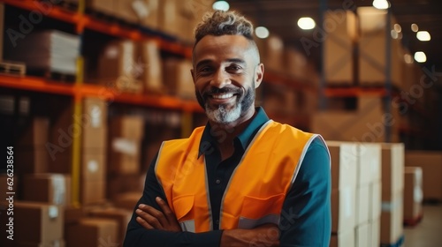 Black man employee working at warehouse storage, male worker checks the equipment part on the storage shelf.