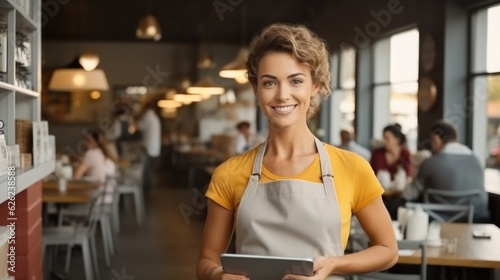 Cheerful mature waitress waiting for clients at coffee shop, Successful small business owner standing at entrance.