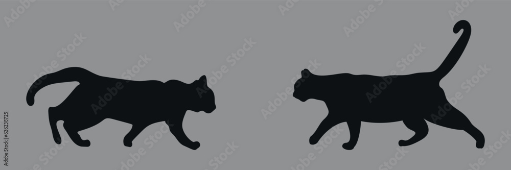 black silhouettes of a cat. Vector on gray background.